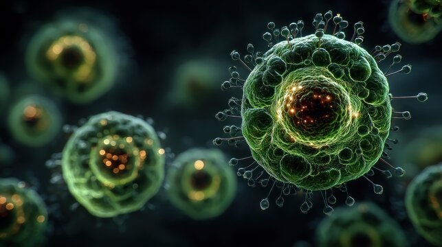 A close-up view of green, glowing cells, showcasing intricate details of their structures against a dark background.