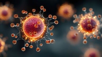 A vivid representation of virus particles, showcasing intricate details of their structure and surrounding elements, highlighting their microscopic beauty.