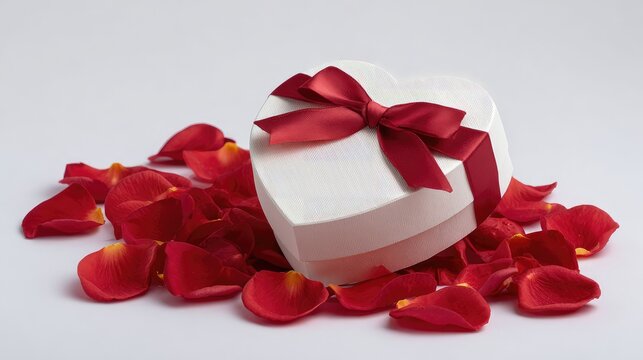 Elegant Heart-Shaped Gift Box Tied with a Red Ribbon Surrounded by Rose Petals Perfect for Valentine's Day or Romantic Occasions