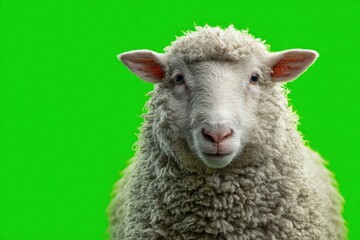 Naklejka premium Sheep isolated against a on a solid green studio background. Lamb portrait banner style image. Soft light. Frontal head view. Fluffy wool texture. standing pose. Cute Farm Animal Scene Ram, Ewe.