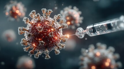 A detailed illustration of a virus being targeted by a syringe, depicting the theme of vaccination and medical science.