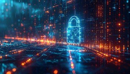 Cybersecurity Protection Digital Padlock on Glowing Circuit Board Matrix