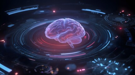 Glowing brain model is centered within a futuristic digital interface.