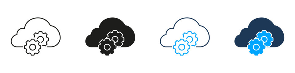 Cloud Computing with Gear Technology Line and Solid Icon Set. Digital Server Storage Innovation Artificial Intelligence Network Symbol Collection. Isolated Vector Illustration