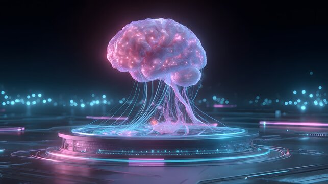 Glowing neural network brain hologram with connections in futuristic environment.