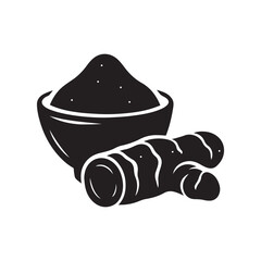 Black silhouette of bowl of turmeric powder with root