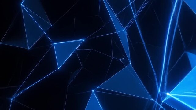 Abstract blue geometric shapes with glowing neon lines on dark background.