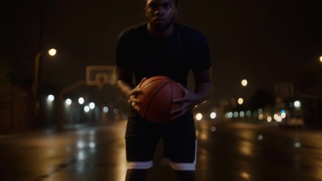 A close-up of a basketball bouncing on a wet urban court at night. The camera slowly tilts up to reveal a player illuminated by streetlights, preparing for a shot.