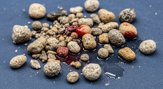 Collection of Kidney Stones and Blood on Blue Surface