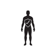 Chest shield icon. Human silhouette with shield on chest, body protection concept.