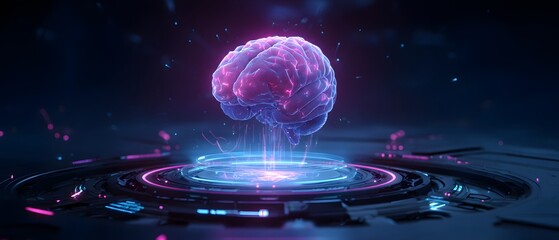 Futuristic brain hologram pulsates with energy on a glowing platform.