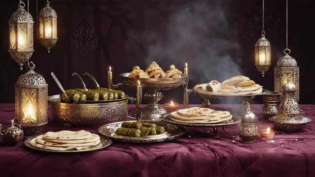 luxurious ramadan iftar table filled with traditional middle eastern food, bread, meat, fruits, nuts, glowing islamic lanterns, warm candlelight, smoke rising from dishes