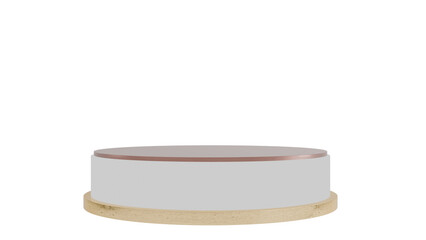 3D A round minimalist podium with a white cylindrical base and a wooden top