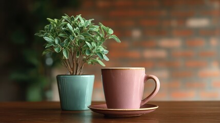 Cozy Still Life with a Pink Coffee Cup and Green Potted Plant on a Wooden Table Against a Warm Brick Background, Perfect for Relaxation and Home Decor