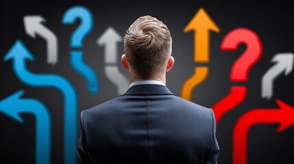A businessman stands in contemplation, facing multiple directional arrows symbolizing choices and decisions in a challenging environment