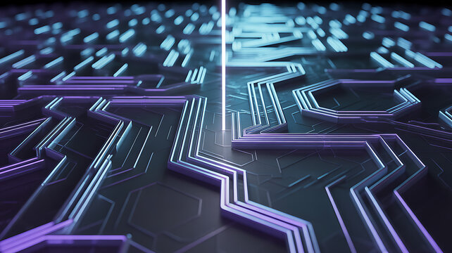 Futuristic Circuit Board with Glowing Lines and Central Beam, Abstract Technology Background, High Tech Design, Purple and Blue Neon Lights