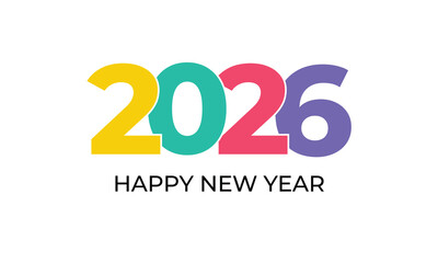 Colorful &ldquo;2026 Happy New Year&rdquo; text design on a white background. Minimal festive greeting card template representing holiday celebration, new beginnings, and seasonal joy for 2026.