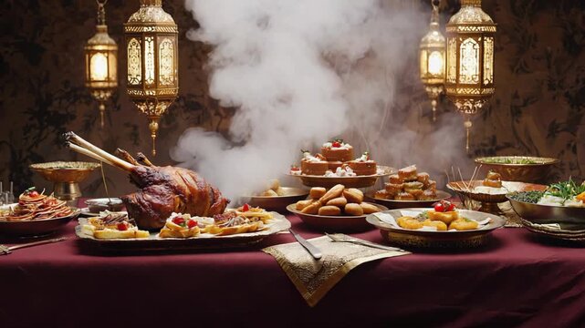 luxurious ramadan iftar table filled with traditional middle eastern food, bread, meat, fruits, nuts, glowing islamic lanterns, warm candlelight, smoke rising from dishes