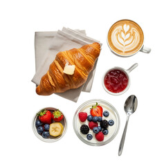 Illustration of continental breakfast with croissant, coffee, yogurt, and jam isolated on transparent background a delightful and varied morning meal selection