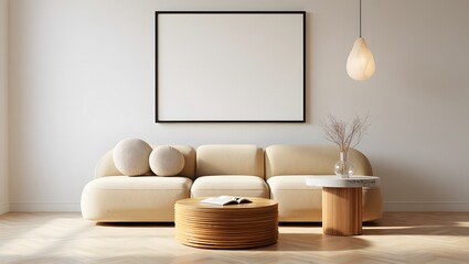 Obraz premium Modern living room interior with a neutral sofa and a blank framed artwork on the wall Mockup poster frame on the wall of living room,Modern interior design