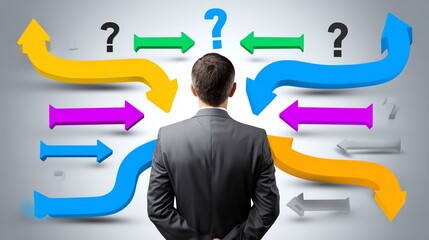 A man in a suit stands before colorful arrows and question marks, symbolizing decision-making and uncertainty in the business world. Explore the challenges of strategic choices.