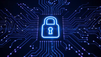 Cybersecurity and digital data protection concept with a glowing neon padlock icon on a computer circuit board background - Powered by Adobe