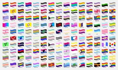 Set of LGBTQ community flags in waving style. LGBTQ+ Pride flags collection chart representing gender, sexual Identities, and diversity in colorful design. Flag of gay, lesbian, transgender, bisexual.