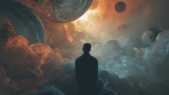 3D surreal abstract animation of a man surrounded by sculpted exoplanets and cosmic elements, creating a dreamlike universe with emotional tension.