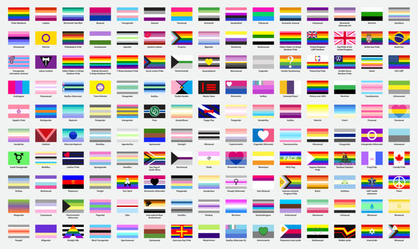 Set of LGBTQ community flags. LGBTQ+ Pride flags collection chart representing gender, sexual Identities, and diversity in colorful flat design. Flag of gay, lesbian, transgender, bisexual.