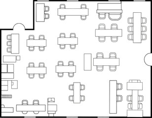 Office layout plan, collaborative workspace, vector illustration, CAD drawing, flat style, desks, meeting rooms, partitions, chairs, entrance