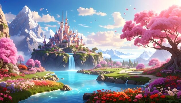 A stunning, vibrant landscape featuring a majestic fairytale castle, nestled amidst blooming cherry blossom trees, a waterfall, and a serene lake