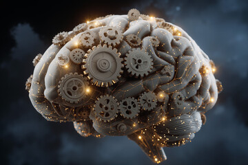 Complex human brain made of gears and connections illustrating creative thought and innovation