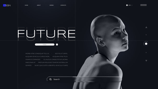 Graphic composition. Minimal dark futuristic web interface with portrait of woman looking up in soft light. Concept of digital branding, fintech communication, and blockchain-based startup education.