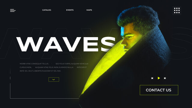 Neon futuristic collage. Portrait of man in coat with glowing yellow light and modern web layout. Concept of blockchain innovation, web 3.0, fintech branding, and startup communication visuals.