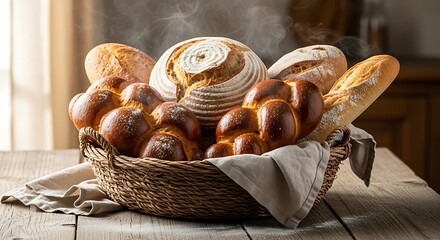 Artisanal bread basket displayed on a wooden table with soft lighting