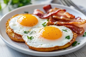 Delicious breakfast plate with sunny side up eggs, bacon, and cheddar on a crisp potato base