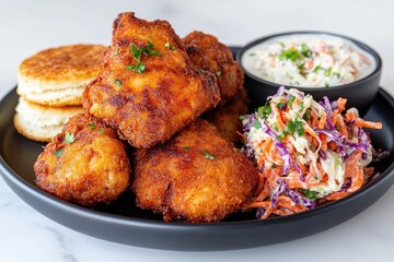 Fototapeta premium Delicious fried chicken with coleslaw, biscuits, and sauce on white plate