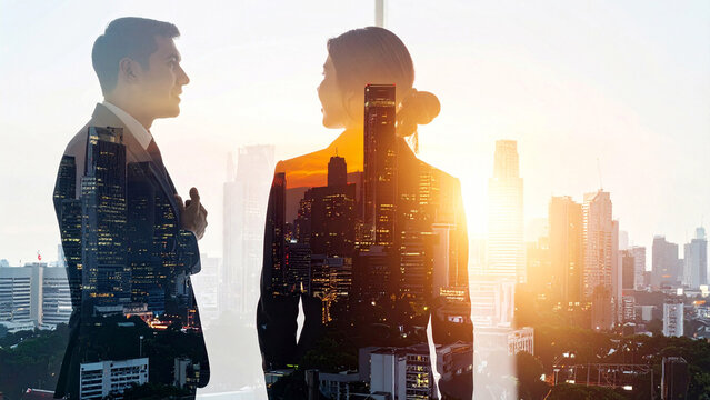Radiant diverse business team silhouettes of job interview and business meeting in urban office collaboration and growth