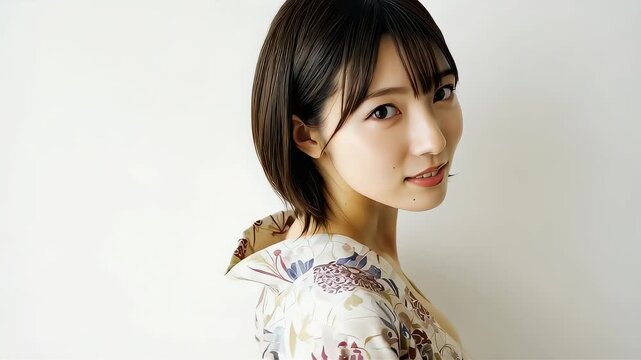 誘惑する仕草をする、大胆な浴衣を着た女性