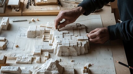 Architect Creating Topographical Model with Small Stone Blocks on a Drafted Drawing