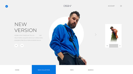 Contemporary fashion collage. Portrait of man in blue sweatshirt on white digital interface. Concept of fintech e-commerce, web 3.0 branding, and startup innovation for modern digital platforms.