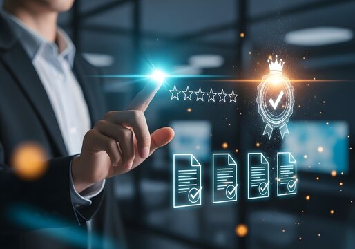 Businesswoman interacts with futuristic digital interface displaying data charts and documents analysis