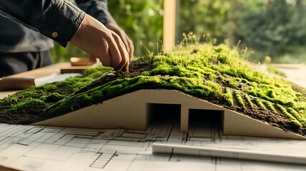 Architect Designing EcoFriendly Building Model with Green Roof Over Blueprints, CloseUp View