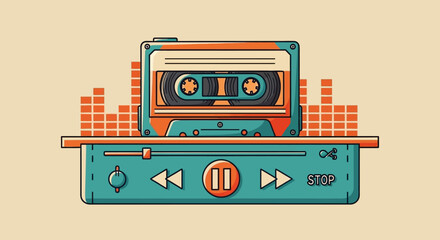 Obraz premium Classic Cassette Tape Deck with Playback Controls and Graphic Equalizer Bars - Retro Music Device Illustration