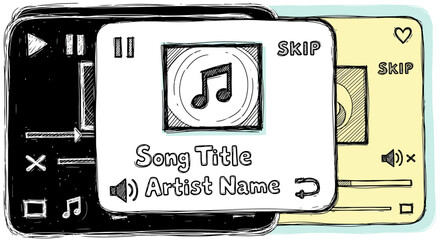 Hand-drawn music player interface with song title, artist name, and playback controls, illustrating digital audio experience