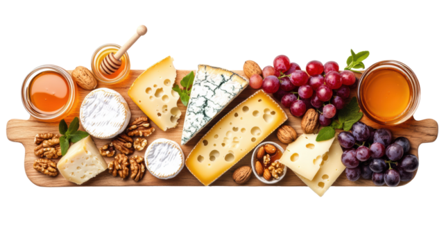Assorted Cheese Selection with Fruits and Nuts on Transparent Background