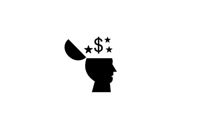 This is an animated video of a person's head icon thinking about money, suitable for animated video footage of business, entrepreneurs, presentations, webinars, training, seminars, content, bussines