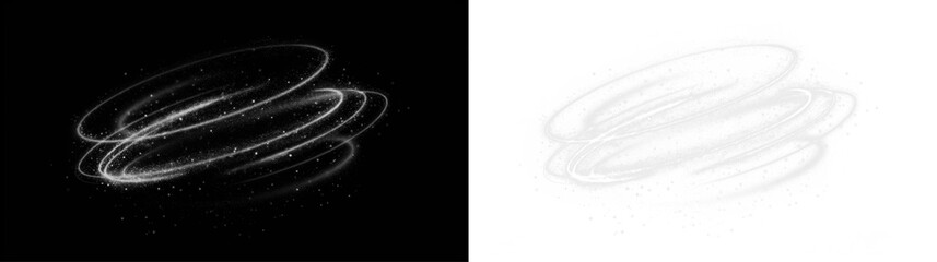 Abstract swirling light trails on black and white backgrounds, creating a dynamic visual effect, ideal for overlay use in creative design projects and digital art