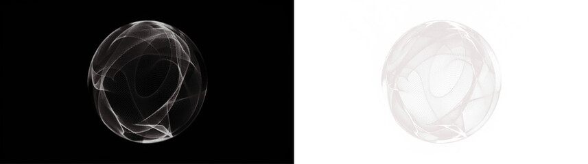 Abstract spherical shape with flowing lines and curves, set against contrasting black and white backgrounds, creating a dynamic visual experience and artistic concept