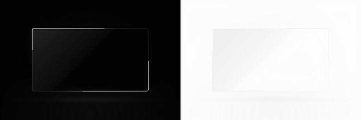Mock up of a blank rectangular screen overlay on a black and white background, ideal for design projects, showcasing versatility and modern aesthetics with copy space